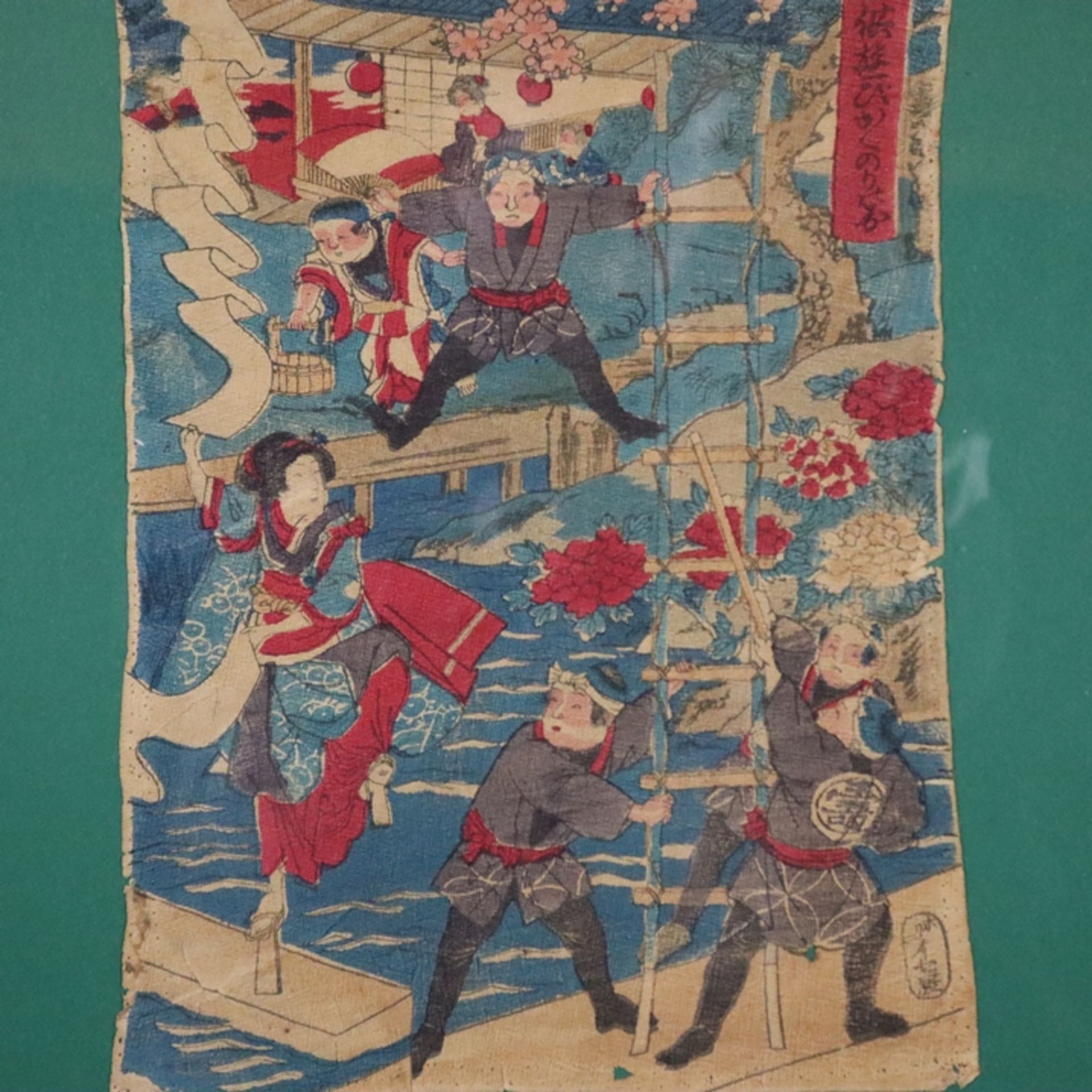 Japanischer Farbholzschnitt 19.Jh. - Akrobaten, signiert, ca. 28x20cm, Alterssp - Bild 2 aus 7