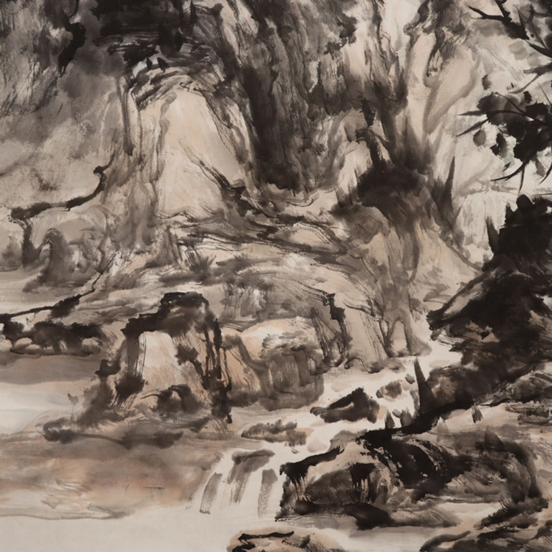 Chinesisches Rollbild - Li Jingxin (geb. 1973 Leling /Shandong- Bergansicht, be - Bild 3 aus 5