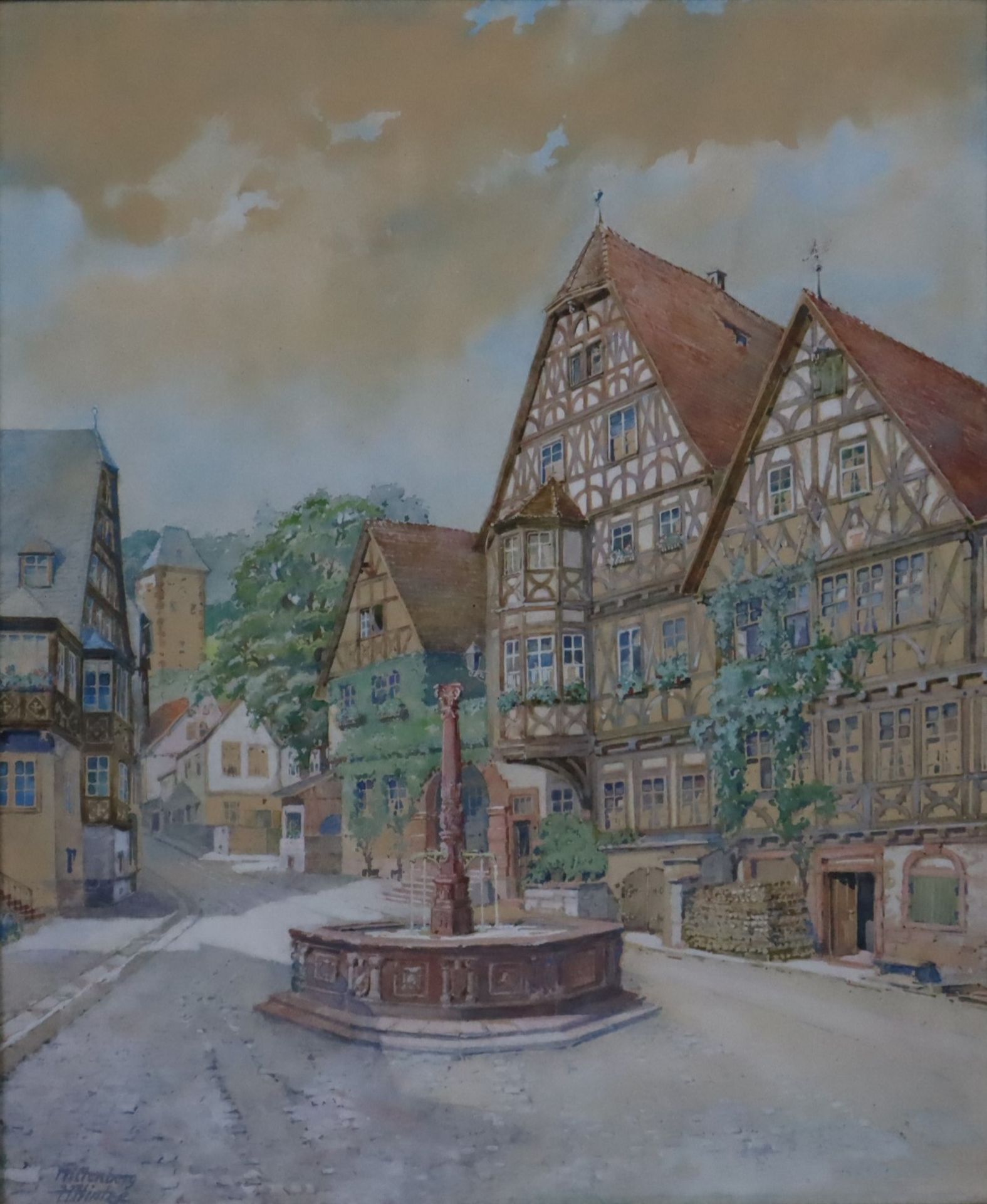 Hintze, H. - "Miltenberg", Ansicht von dem alten Marktplatz in Miltenberg, Aqua