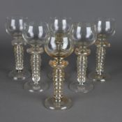 6 Römergläser - um 1900/1920, leicht lüstrierendes Glas, hochgewölbter Rundfuß,