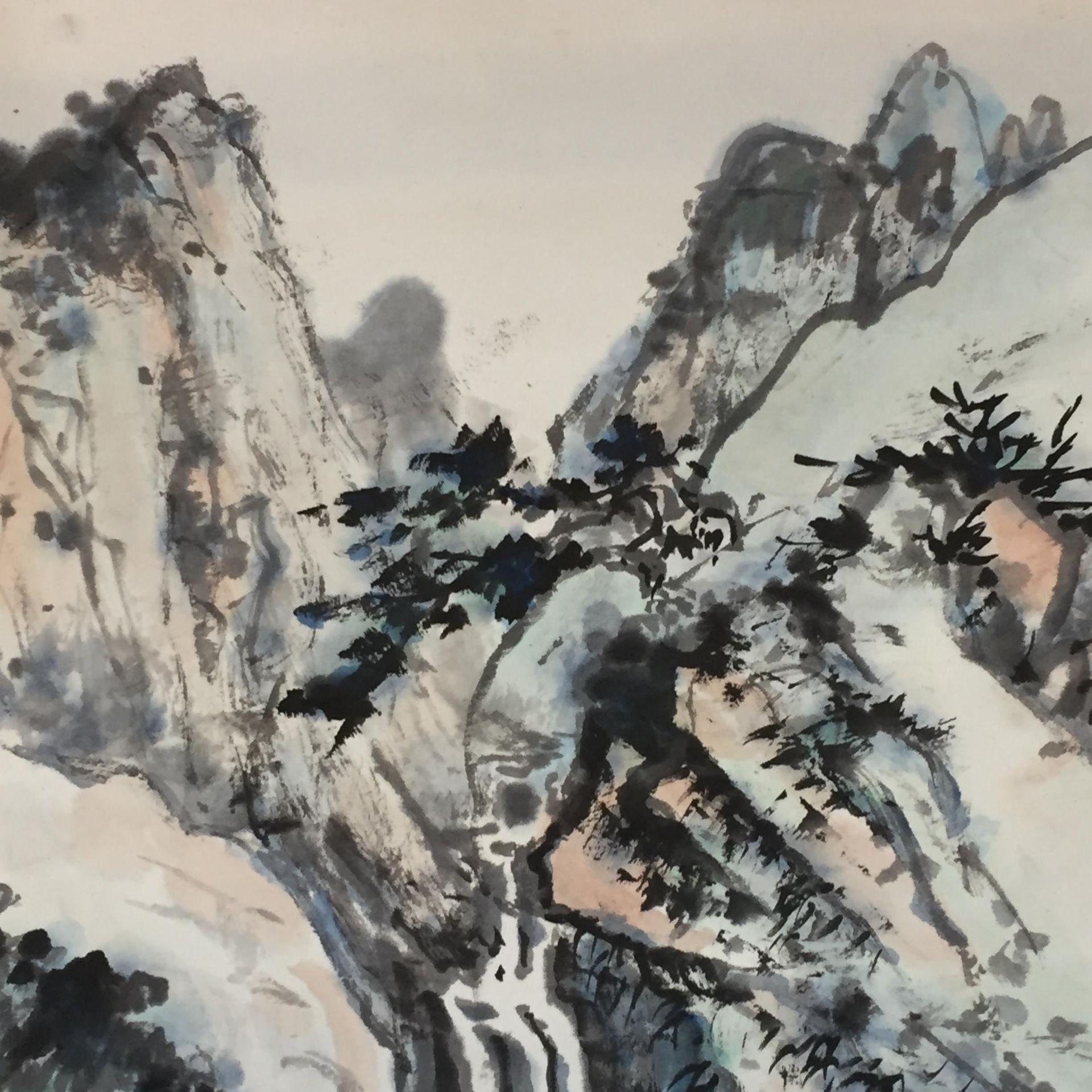 Chinesisches Rollbild - Xue Huishan- Berglandschaft mit Wasserfall und Architek - Bild 4 aus 9