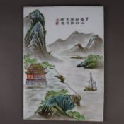 Porzellanbild - China 20.Jh., Porzellantafel mit polychromer Emailmalerei in de