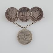 Münzbrosche - Silber, mit drei Münzen "20 Pfennig" 1874/1876 und Anhänger mit I
