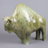 Tierplastik "Bison" - Keramik, beigefarbener Scherben, bunt bemalt, glasiert, u