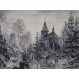 Unbekannter Künstler - um 1900, Gebirgslandschaft mit Kapelle am Wasserfall, Ko