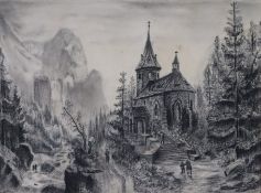 Unbekannter Künstler - um 1900, Gebirgslandschaft mit Kapelle am Wasserfall, Ko