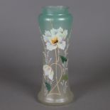 Glasvase - Klarglas, mattiert, Schauseite mit polychromem Blumendekor, Keulenfo