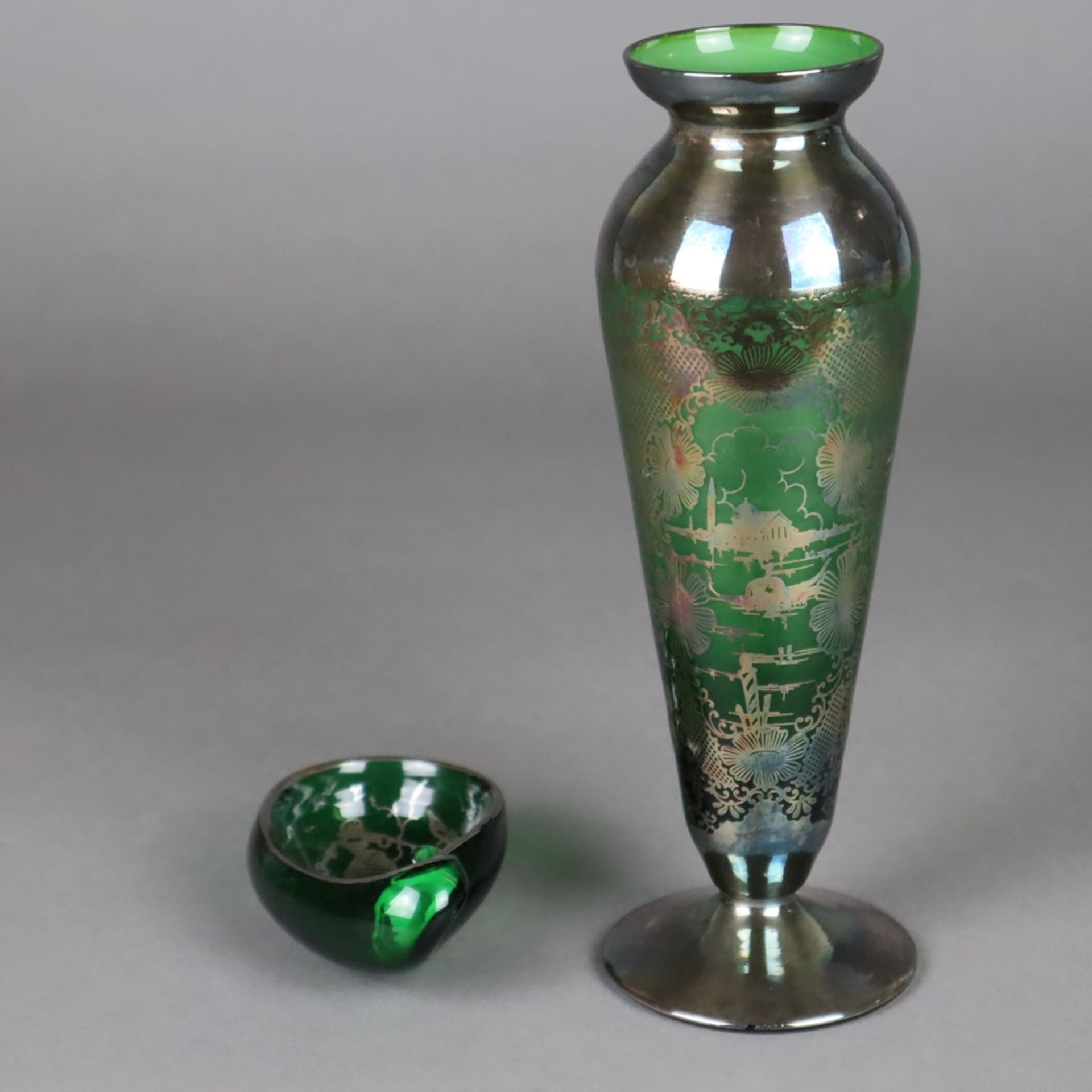 Vase und Ascher mit Silberoverlay - Murano, 1950er Jahre, grünes Glas mit Silbe