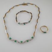 Gold-Schmuckset mit Smaragden und Brillanten - 3-teilig: 1x Collier, 750/ Bicol