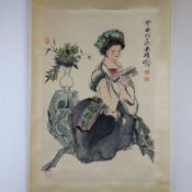 Chinesisches Rollbild - Tusche und leichte Farben auf Papier, Lesende Schönheit
