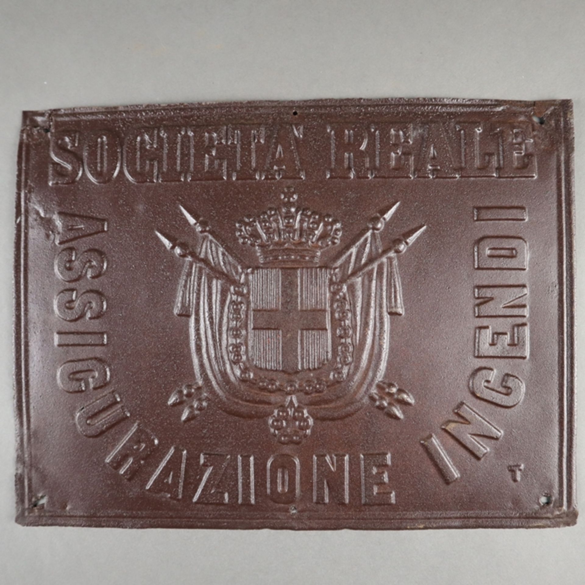 Versicherungsschild - Italien, Blech, geprägter Text und Wappen "Società Reale