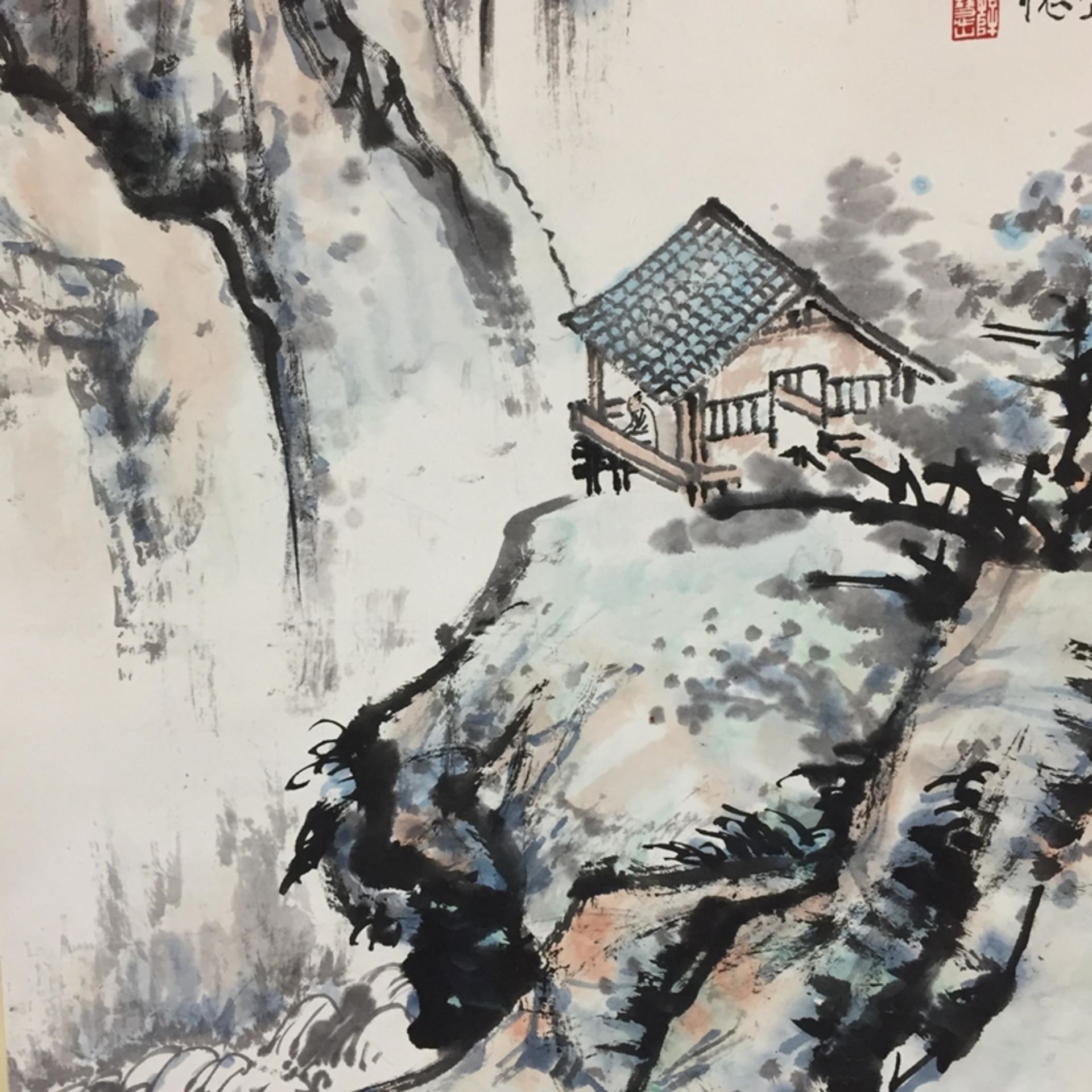 Chinesisches Rollbild - Xue Huishan- Berglandschaft mit Wasserfall und Architek - Bild 3 aus 9