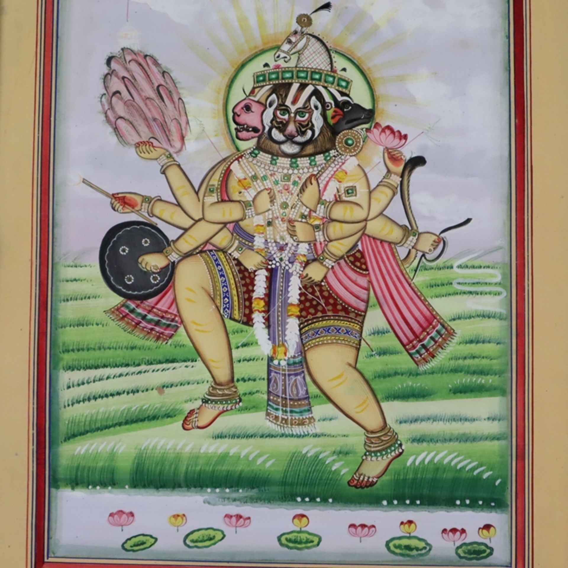 Indische Malerei - Hanuman als zehnarmige Gottheit mit den Gesichtern von Naras - Bild 2 aus 7