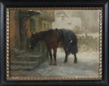 Winter, Heinz - Gesatteltes Pferd vor Gehöfteingang, Öl auf Holz, links unten s