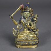 Bodhisattva Manjushri - Tibet /Nepal, Ende 19. Jh., Kupfer vergoldet, kultische Bemalung berieben,