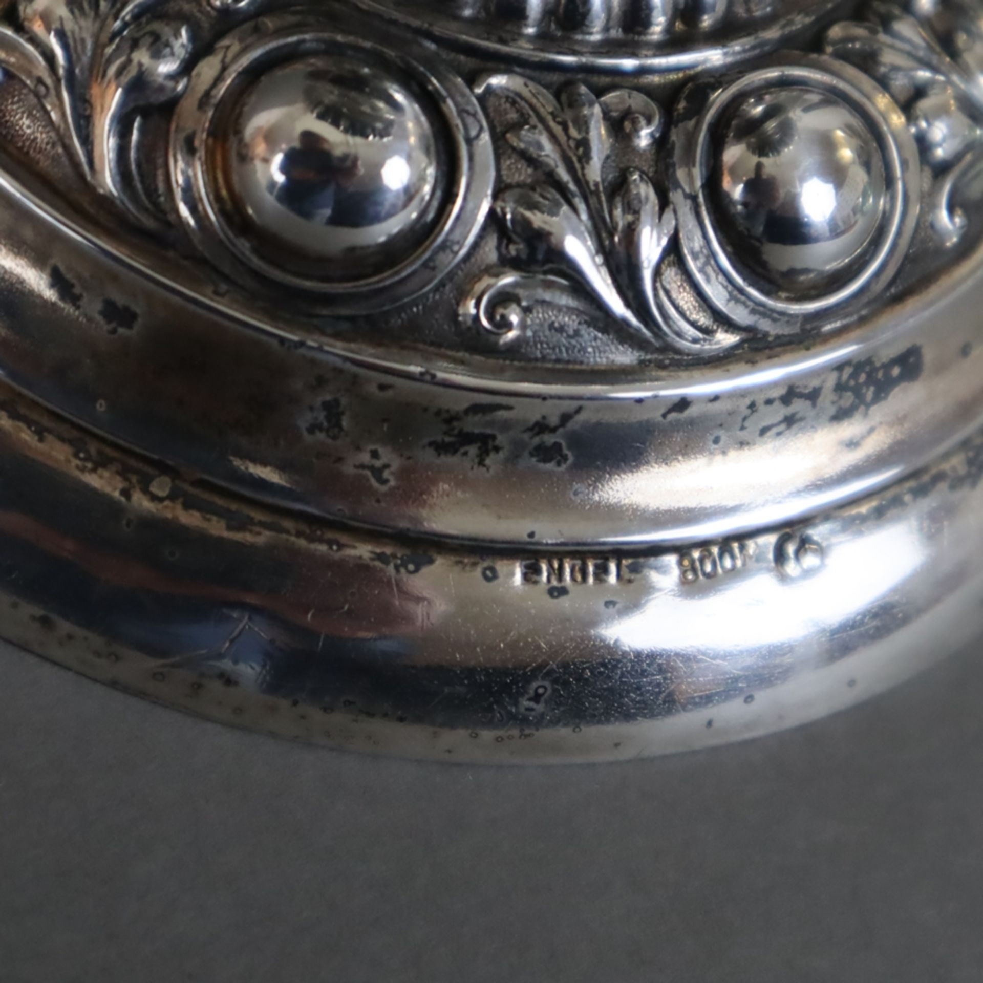 Historismus-Schützenpokal - 800er Silber, gestempelt "Engel", 800, Halbmond/Krone, graviert "IV. Co - Image 13 of 14