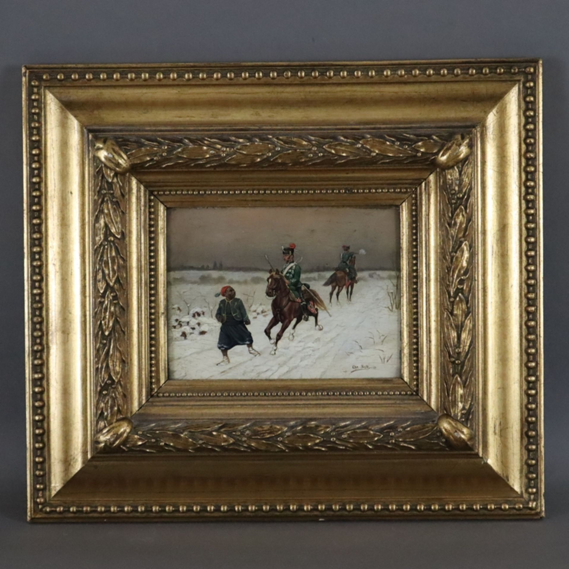 Sell, Christian (wohl d.J. 1854-1925) - Winterlandschaft mit preußischen Husaren, Öl auf Holz, unte - Bild 10 aus 10