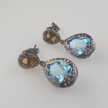 Paar Ohrringe - 925er Silber, jeweils besetzt mi | Blue Topaz and Citrine Earrings with Diamonds in