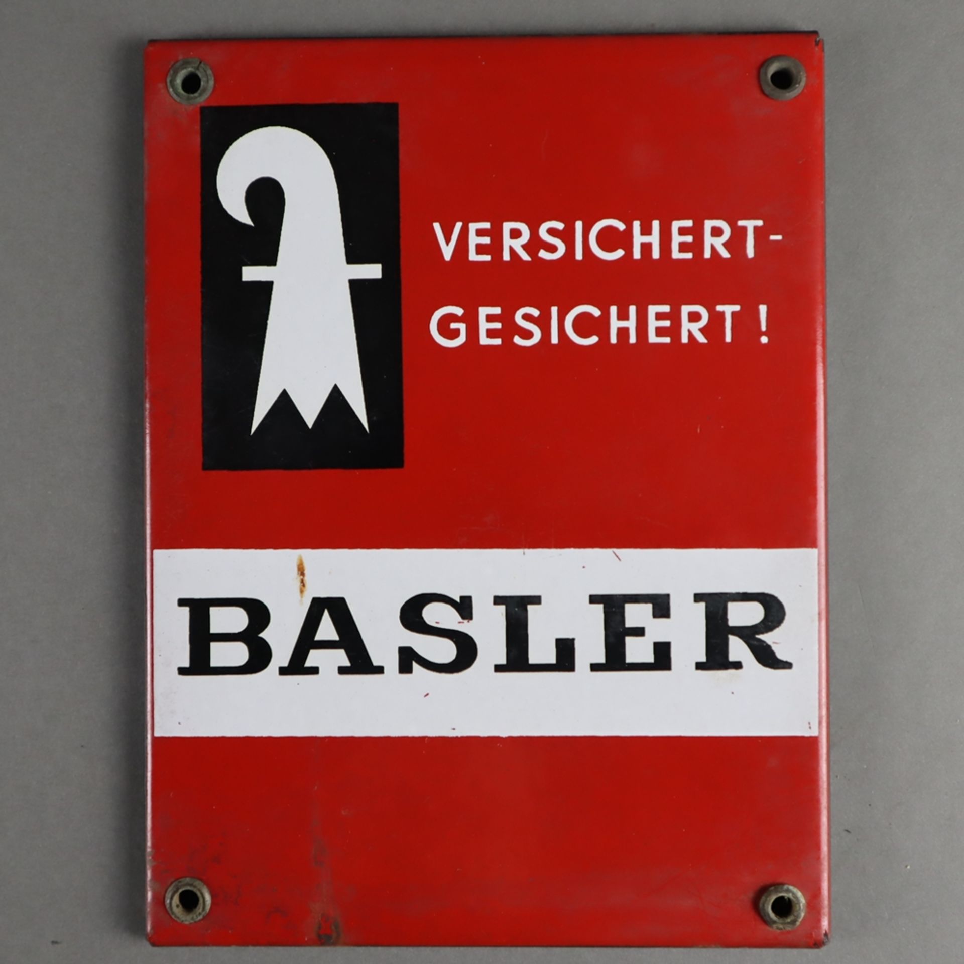 Vier Versicherungsschilder - Blech/Email, verschieden Formate, 1x "Versichert-gesichert. Basler", 1 - Image 2 of 5