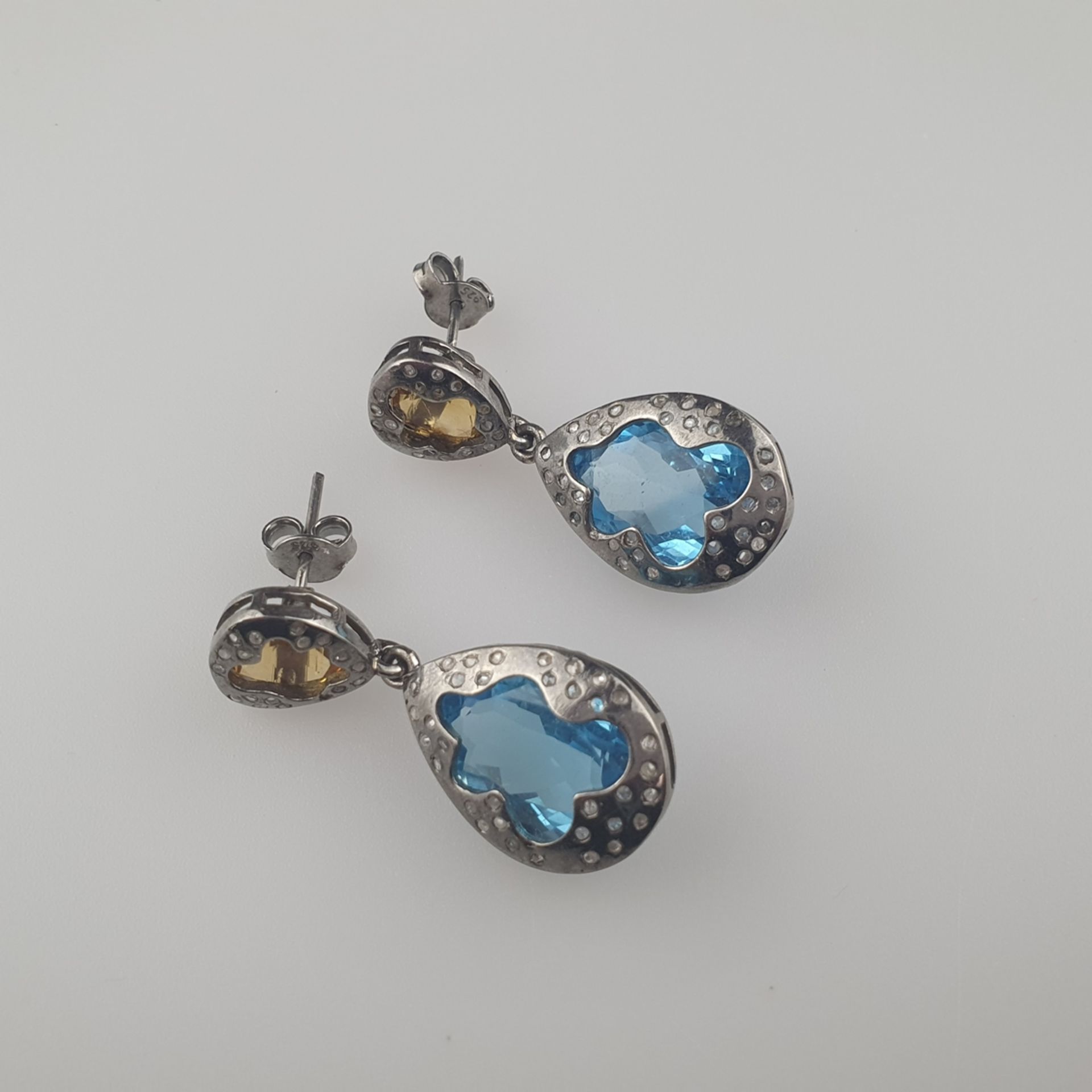 Paar Ohrringe - 925er Silber, jeweils besetzt mi | Blue Topaz and Citrine Earrings with Diamonds in - Image 3 of 4