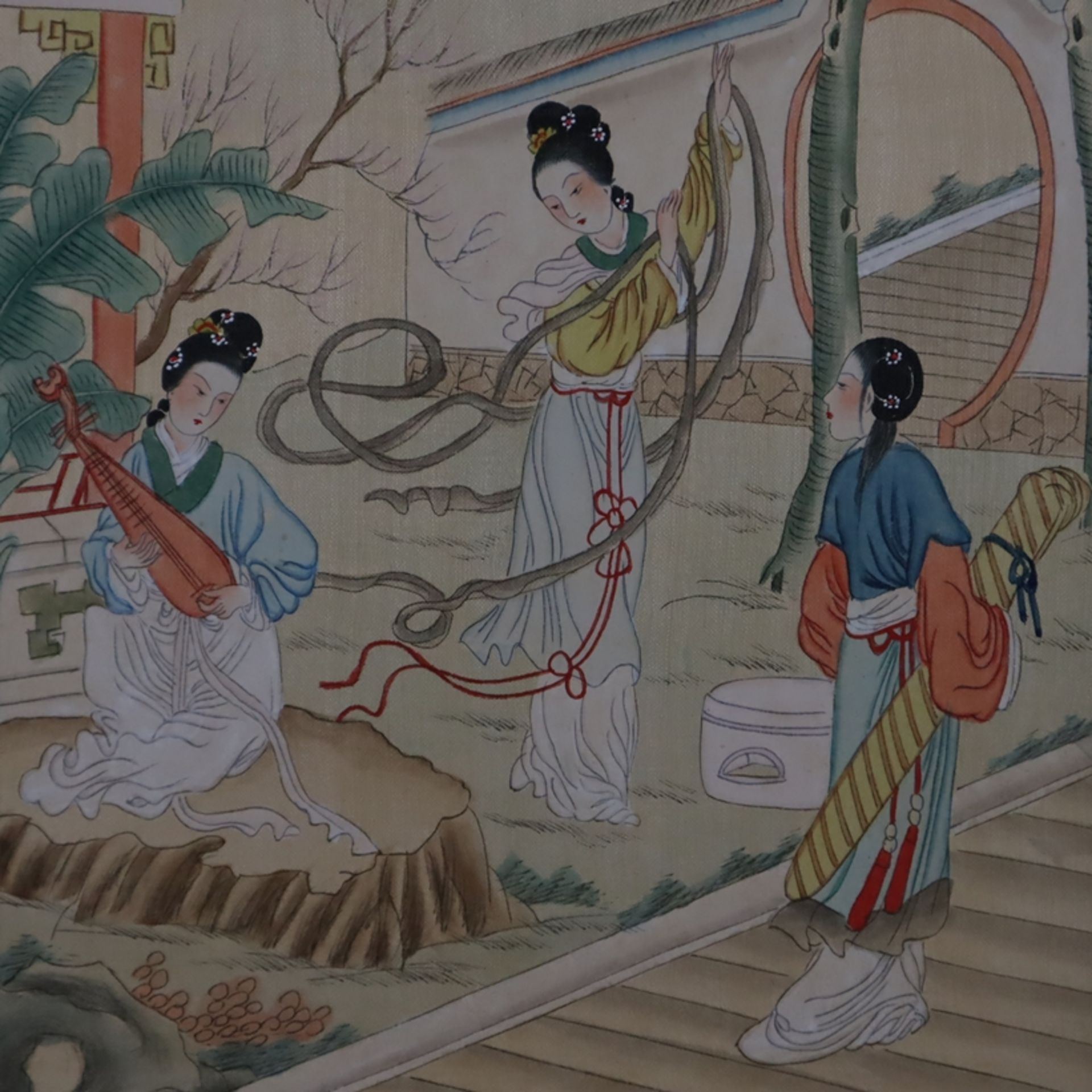 Drei Seidenbilder - China 20.Jh., Tusche und leichte Farben auf Seide, auf festerem Papier aufgezog - Bild 2 aus 8