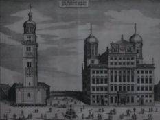 Kupferstich Augsburg - Ansicht des Augsburger Rathauses, betitelt „Das Rahthaus sampt dem Perleg th