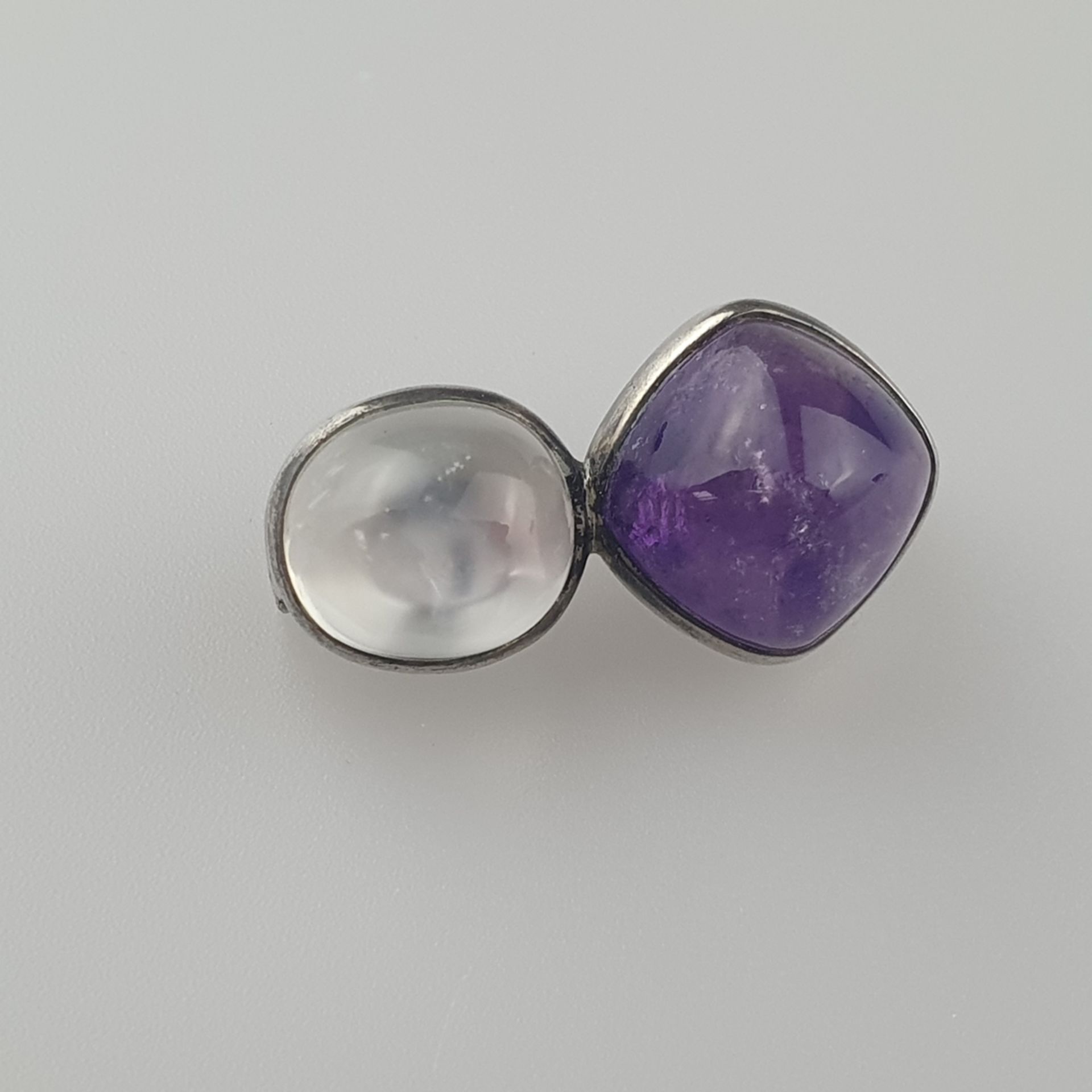 Puristische Silberbrosche - Besatz mit großen Mondstein-und Amethyst-Cabochons, Silberschmiedearbei - Bild 2 aus 4