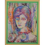 Schirdewan-Brügmann, Margot -Bad Homburg- Farbenfrohes Frauenportrait mit Halskette, Pastellstifte