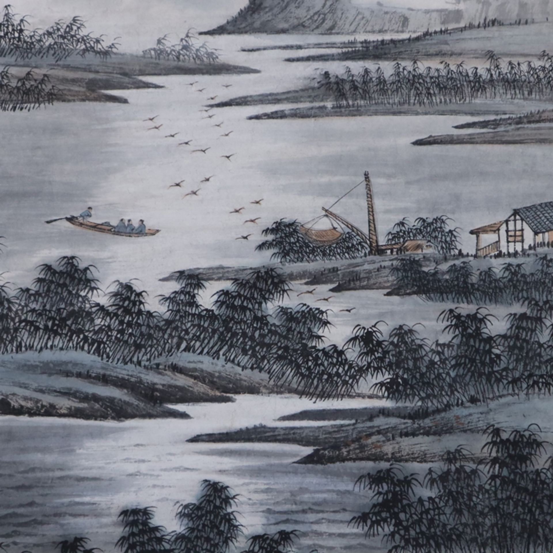 Chinesisches Rollbild -Tao Leng Yue- Bambusbestandene Wasserlandschaft mit Gebirge im Hintergrund, - Bild 3 aus 11