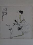 Chinesisches Rollbild - Dame mit Fächer, Tusche und Farbe auf Papier, in chinesischer Kalligraphie