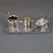 Milch und Zucker auf Tablett - deutsch, 800er Silber, innen vergoldet, Barock-Stil, Rocaillen- und