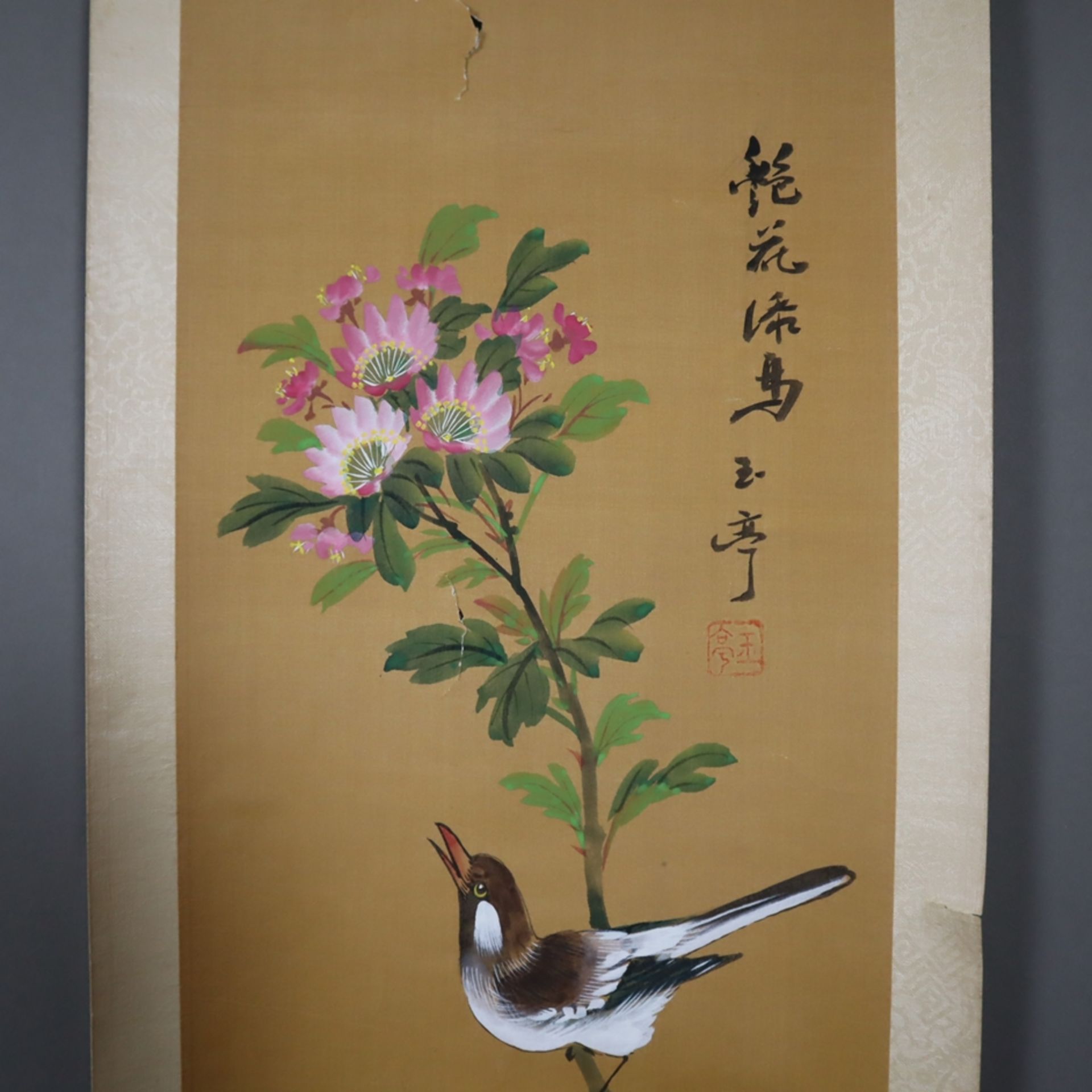 Satz von vier schmalen chinesischen Rollbildern - Jahreszeiten-Folge: Diverse Vögel sowie unterschi - Bild 2 aus 12