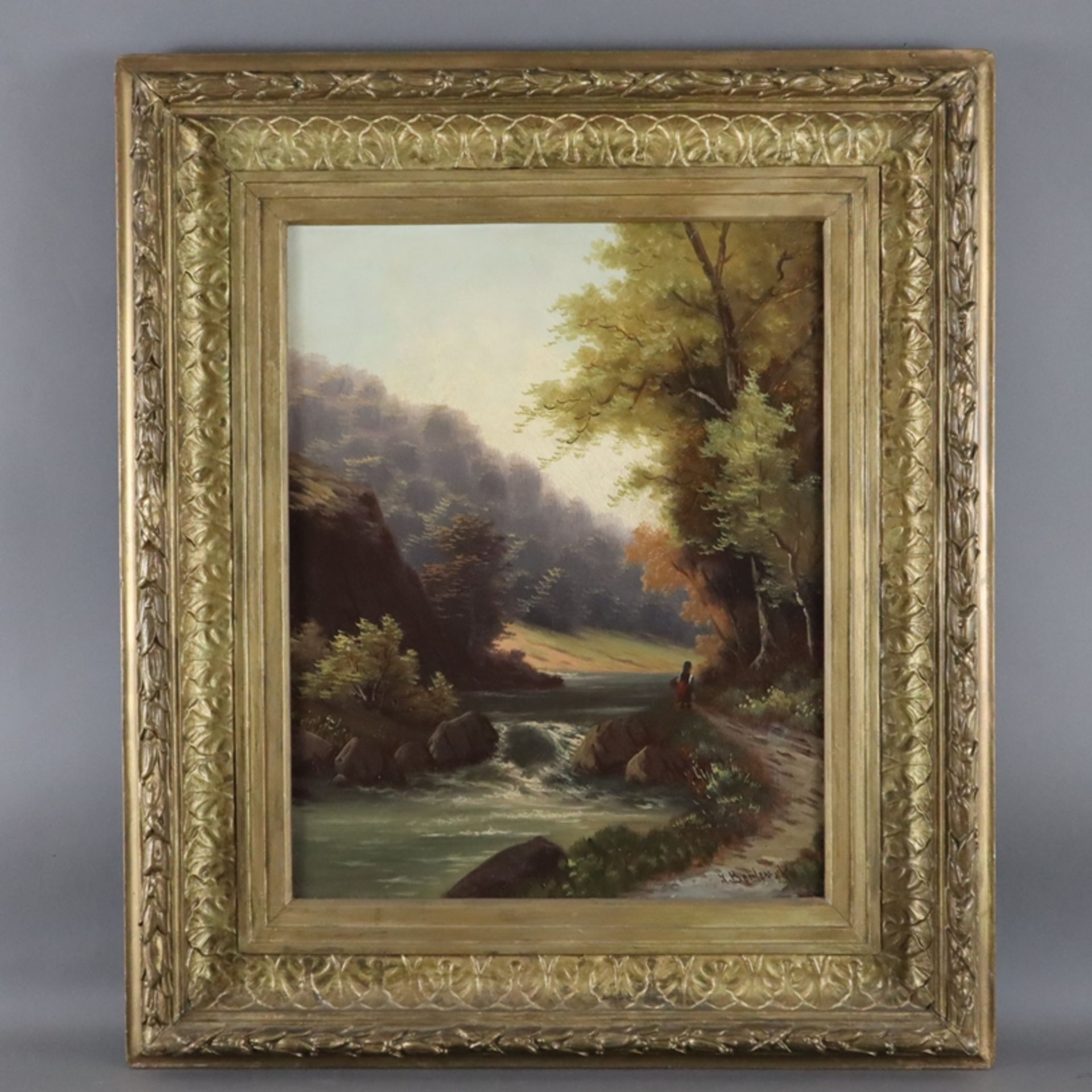 Berlowski, Josef (1868-?) - Waldlandschaft mit Flusslauf und Figurenstaffage, Öl auf Leinwand, unte - Image 11 of 11