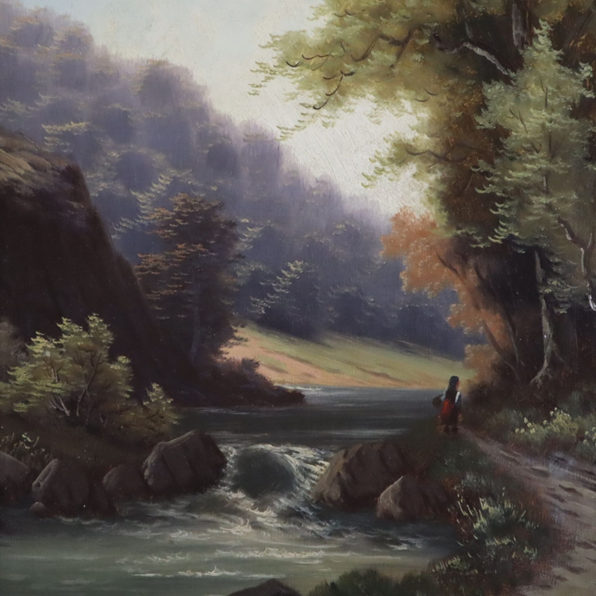 Berlowski, Josef (1868-?) - Waldlandschaft mit Flusslauf und Figurenstaffage, Öl auf Leinwand, unte - Image 2 of 11