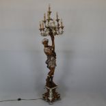 Großer figürlicher Leuchter - 20.Jh., venezianischer Barock-Stil, Holz, geschnitzt, gebeizt, teils