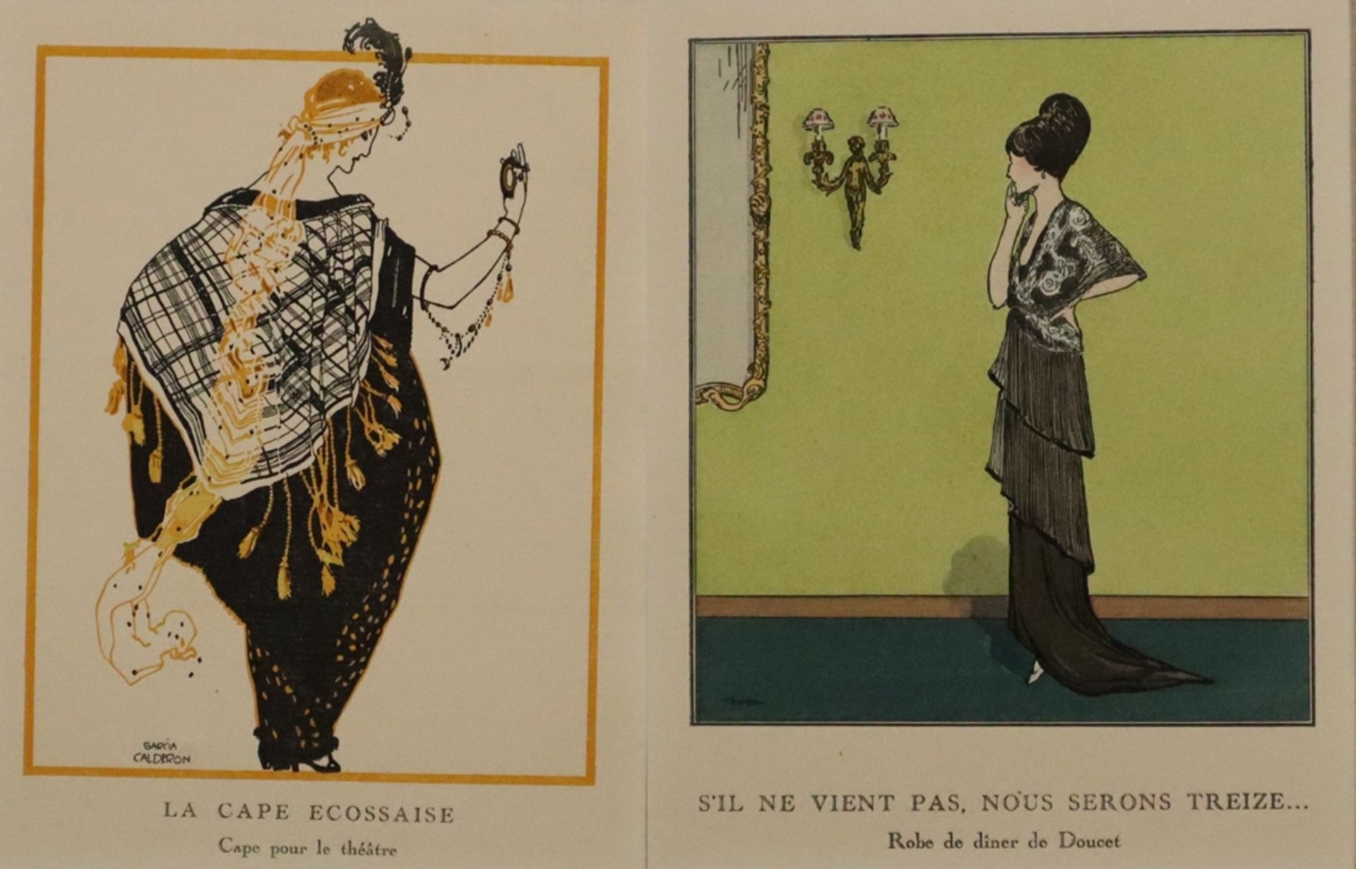 Zwei Art déco-Modestiche - aus "Gazette du Bon Ton", Februar und April 1914, "Robe de dîner de Douc