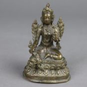Grüne Tara (Shyama Tara) - kleine Bronze, auf doppeltem Lotossockel in lalitasana sitzende Grüne Ta