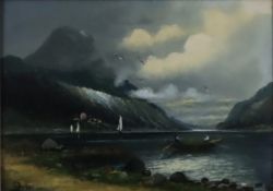 Unbekannter Künstler -20.Jh.- Fjordlandschaft mit Seglern und Fischerboot, unten links undeutlich s