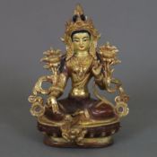 Shyama-Tara - Nepal/Tibet, Kupferlegierung vergoldet, kultisch bemalt, in Lalita-Asana auf halbumla