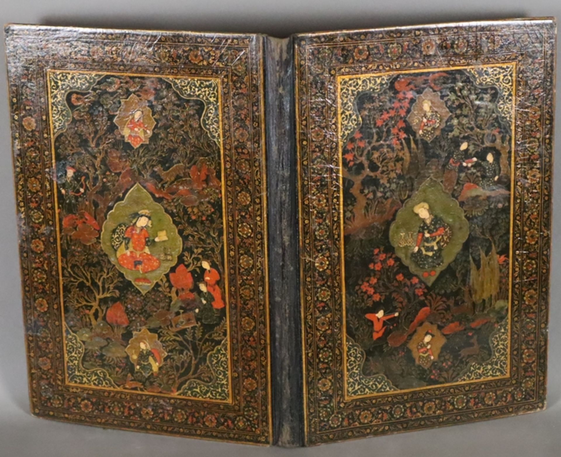 Paar Buchdeckel mit Lederrücken - Persien, Papiermaché, mit Lackfarben und Gold, Leder, allseits au