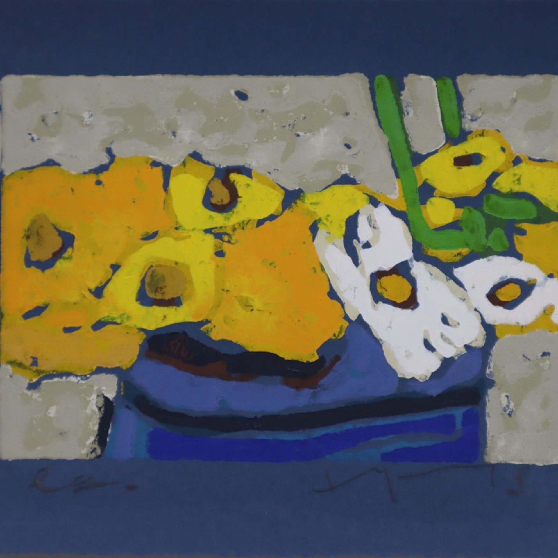 Fußmann, Klaus (*1938 Velbert) - Drei Blumenkompositionen, Farblinolschnitte auf blauem bzw. grünem - Bild 2 aus 6