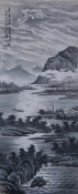 Chinesisches Rollbild -Tao Leng Yue- Bambusbestandene Wasserlandschaft mit Gebirge im Hintergrund,