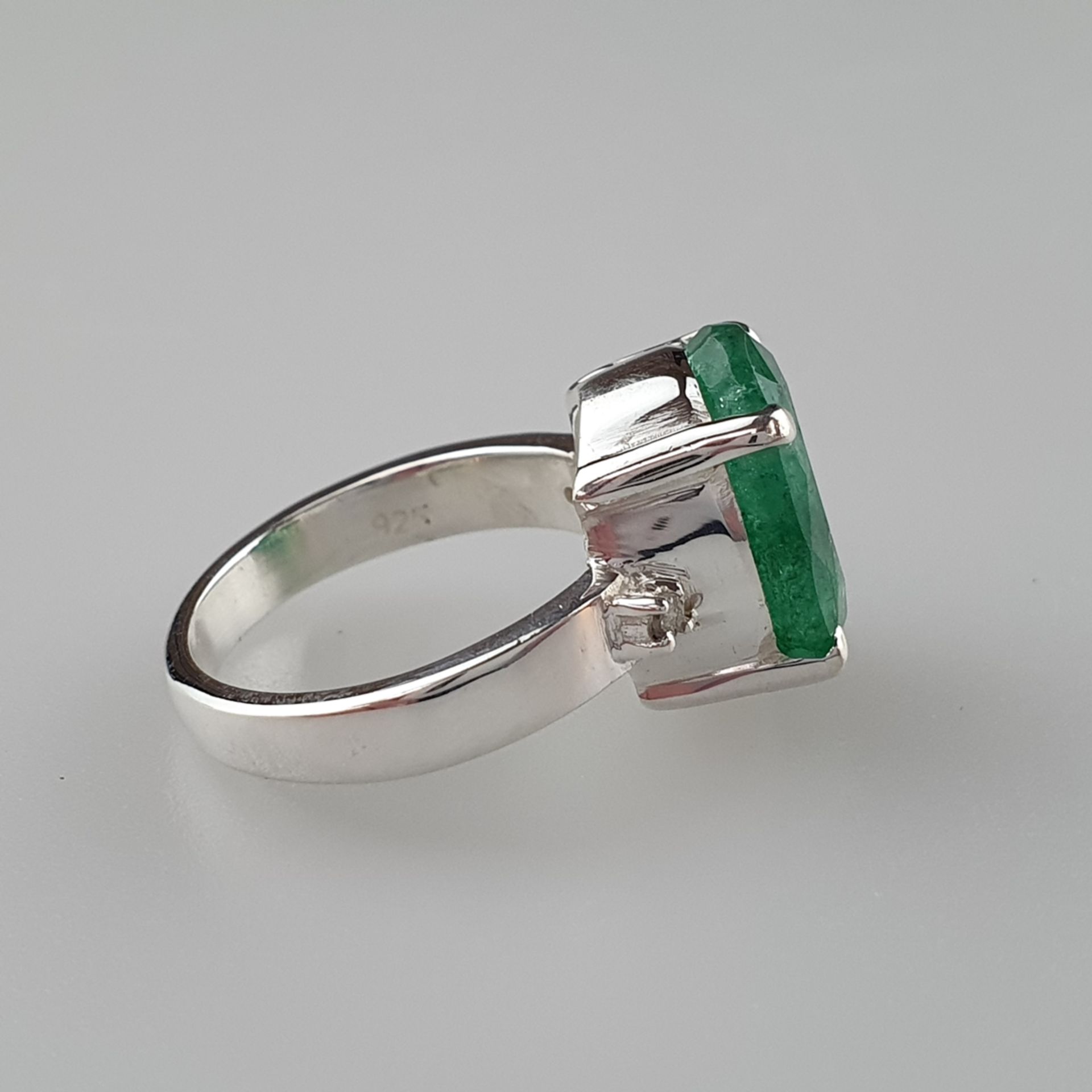 Smaragd-Ring - 925er Silber, Ringkopf besetzt mi | Oval Emerald Set In 925 Sterling Silver Ring Wit - Bild 3 aus 5