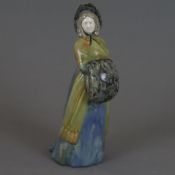 Jugendstil-Figur "Dame mit großem Muff" - Keramikfigur weiß glasiert und in Erdfarben staffiert, un
