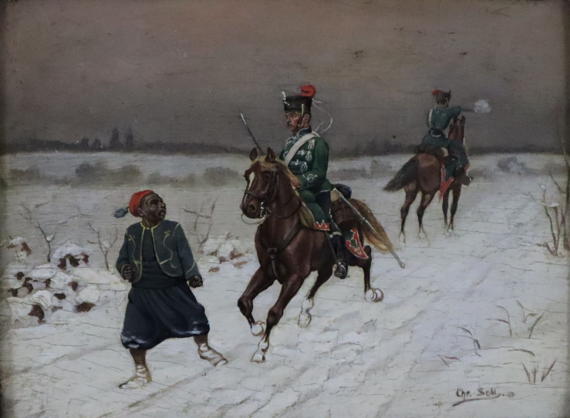 Sell, Christian (wohl d.J. 1854-1925) - Winterlandschaft mit preußischen Husaren, Öl auf Holz, unte