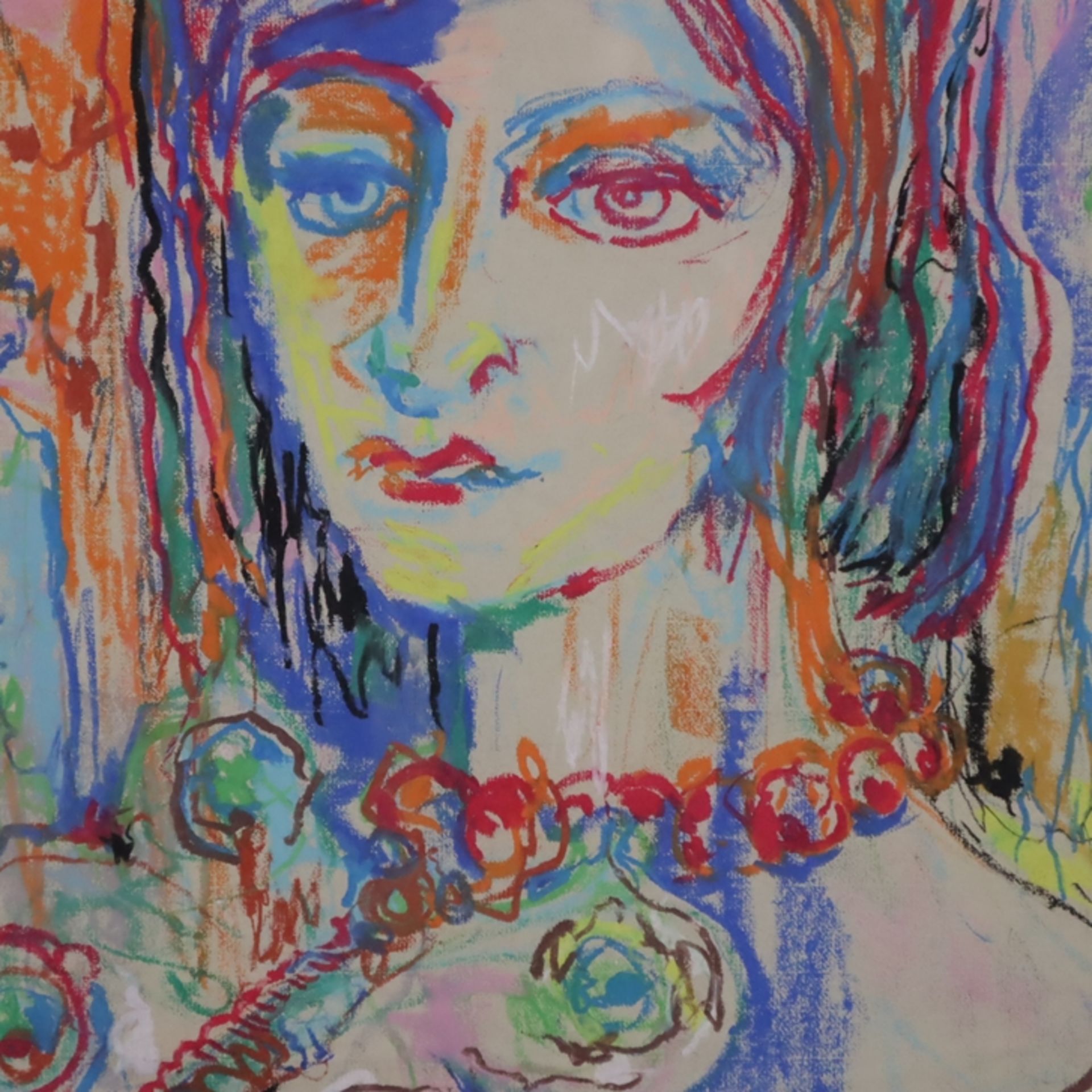 Schirdewan-Brügmann, Margot -Bad Homburg- Farbenfrohes Frauenportrait mit Halskette, Pastellstifte - Image 4 of 8