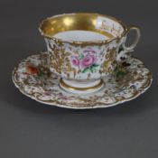 Große Tasse mit Untertasse - KPM Berlin, 2.Hälfte 19.Jh., Porzellan, Floralmalerei mit reicher vege