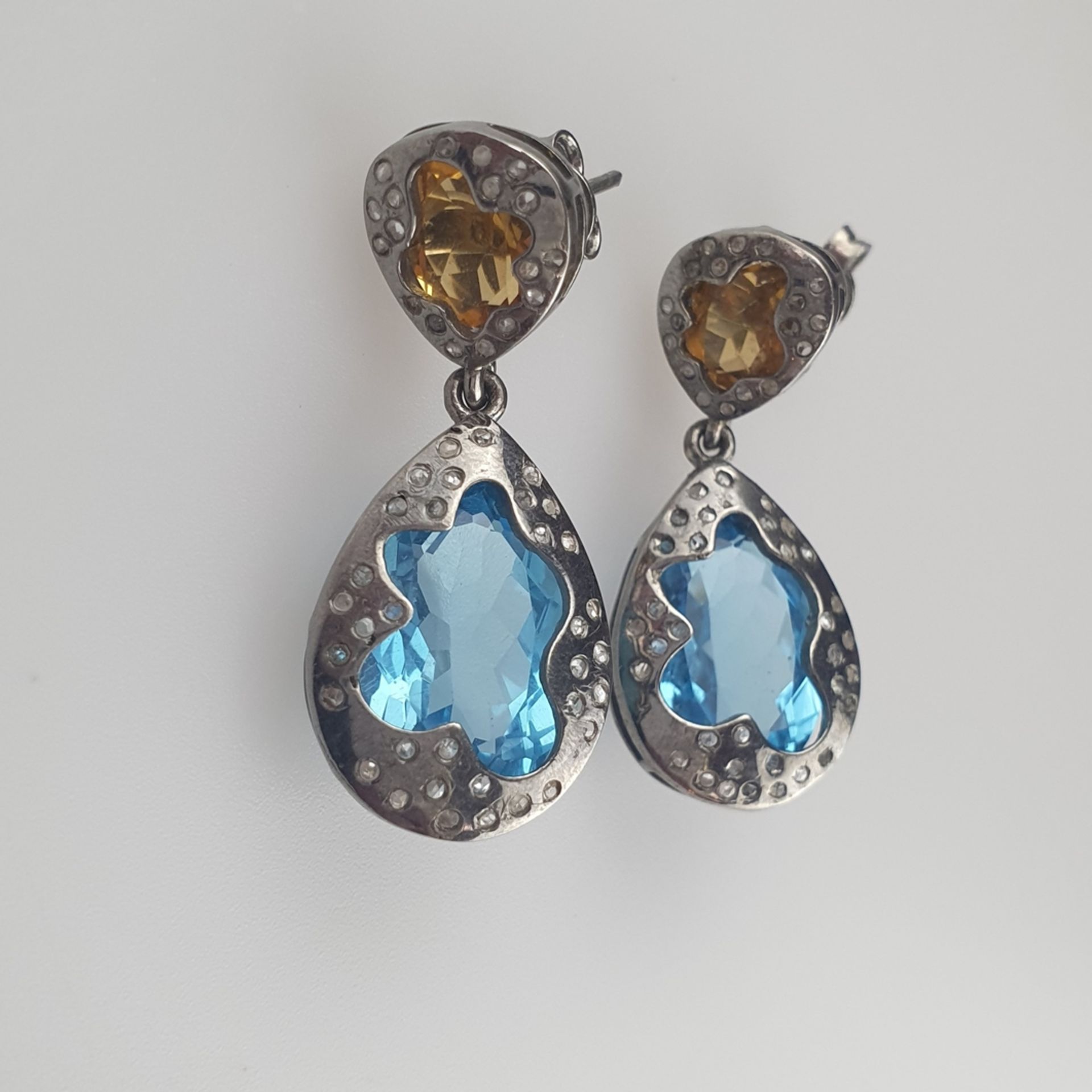 Paar Ohrringe - 925er Silber, jeweils besetzt mi | Blue Topaz and Citrine Earrings with Diamonds in - Image 2 of 4