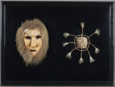 Zwei Inuit-Masken - 1x maskuline Maske aus Leder und Fell, ca. 31x21cm, 1x Zeremonie-Tanzmaske aus