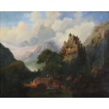 Landschaftsmaler (19.Jh.) - Malerische Gebirgslandschaft mit Burgansicht und Figurenstaffage am Flu